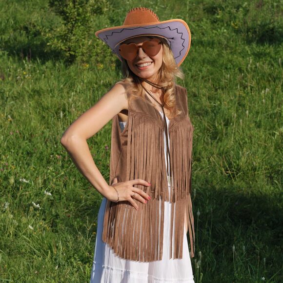 4292 Fringe Vest Cowgirl Hat With Western Jewelry Necklace Accessoriess main image 7